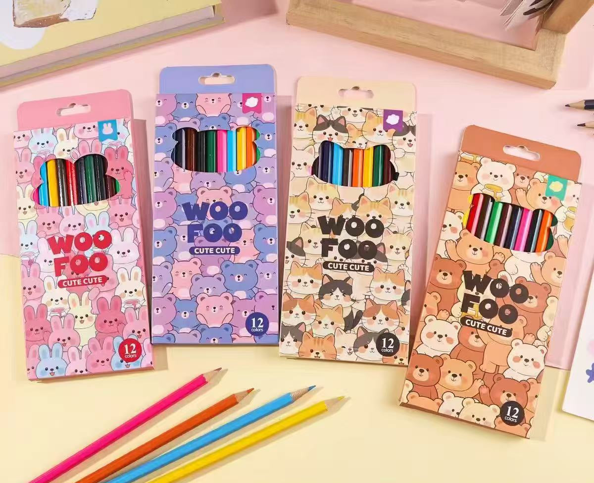 Four packages of cute cartoon drawing pencils in different colors, arranged on a light pink background with Chinese product specifications printed below.