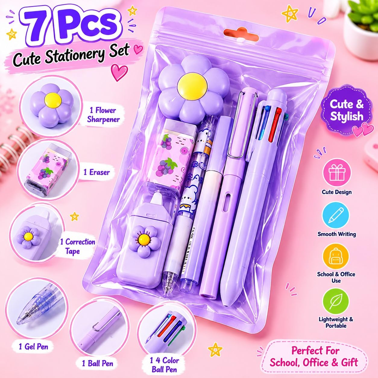 7 pcs Aesthetic Stationery Set (pack of 4) Net Price Rs.145