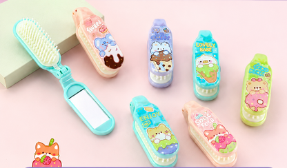 A set of folding mirror hairbrushes in multiple pastel colors with cute cartoon character prints, displayed on a pink background with Chinese text and a product specification table at the bottom.