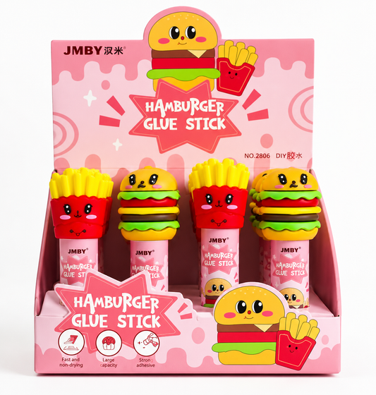 A pink retail display box containing four JMBY brand 'Hamburger Glue Stick' novelty adhesive pens shaped like cartoon hamburgers and french fries, on a plain white background.