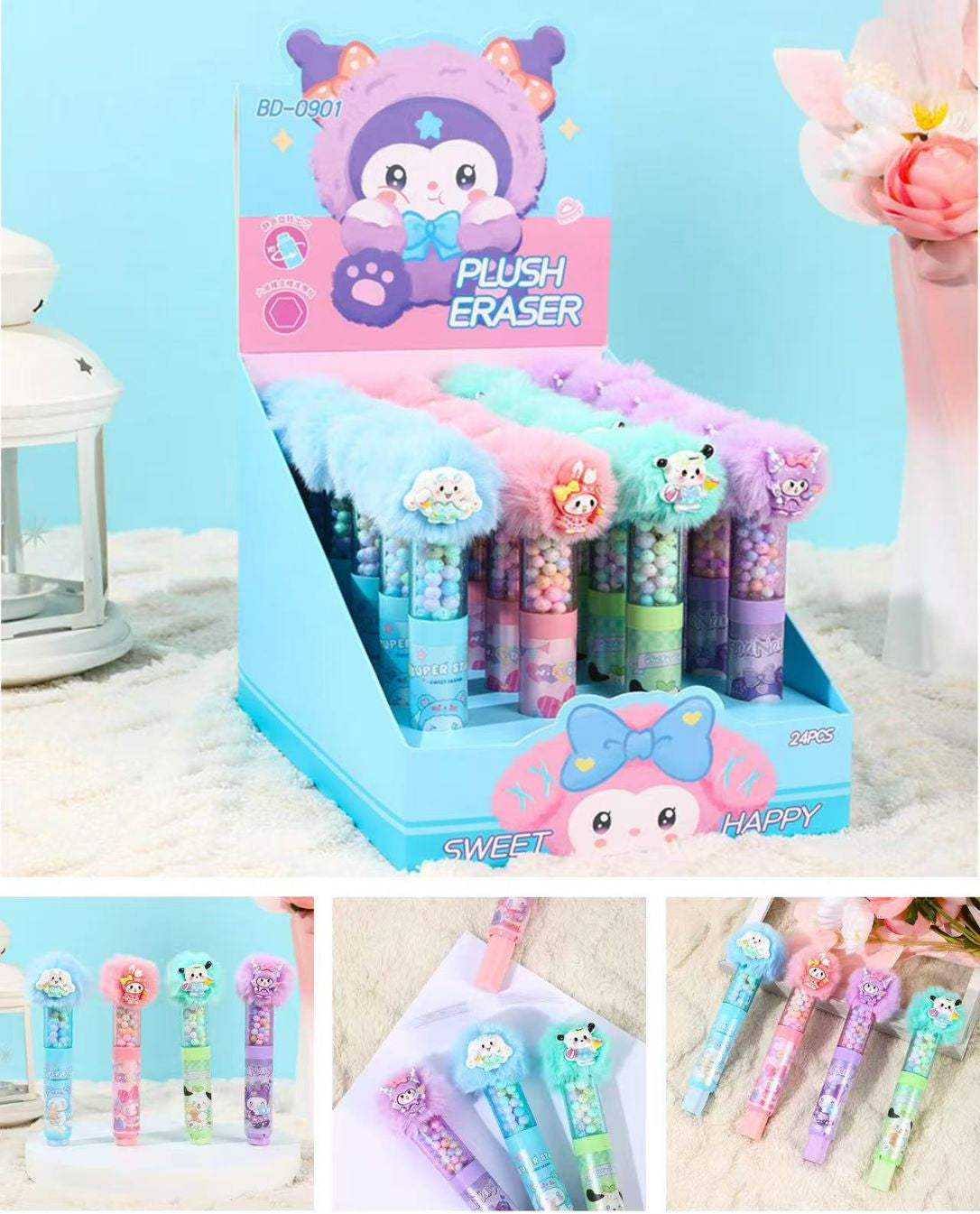 A retail display box filled with pastel-colored plush erasers, shown with smaller inset photos of the individual erasers and Chinese product text. The erasers feature cartoon characters and soft colors like pink, blue, purple, and green.
