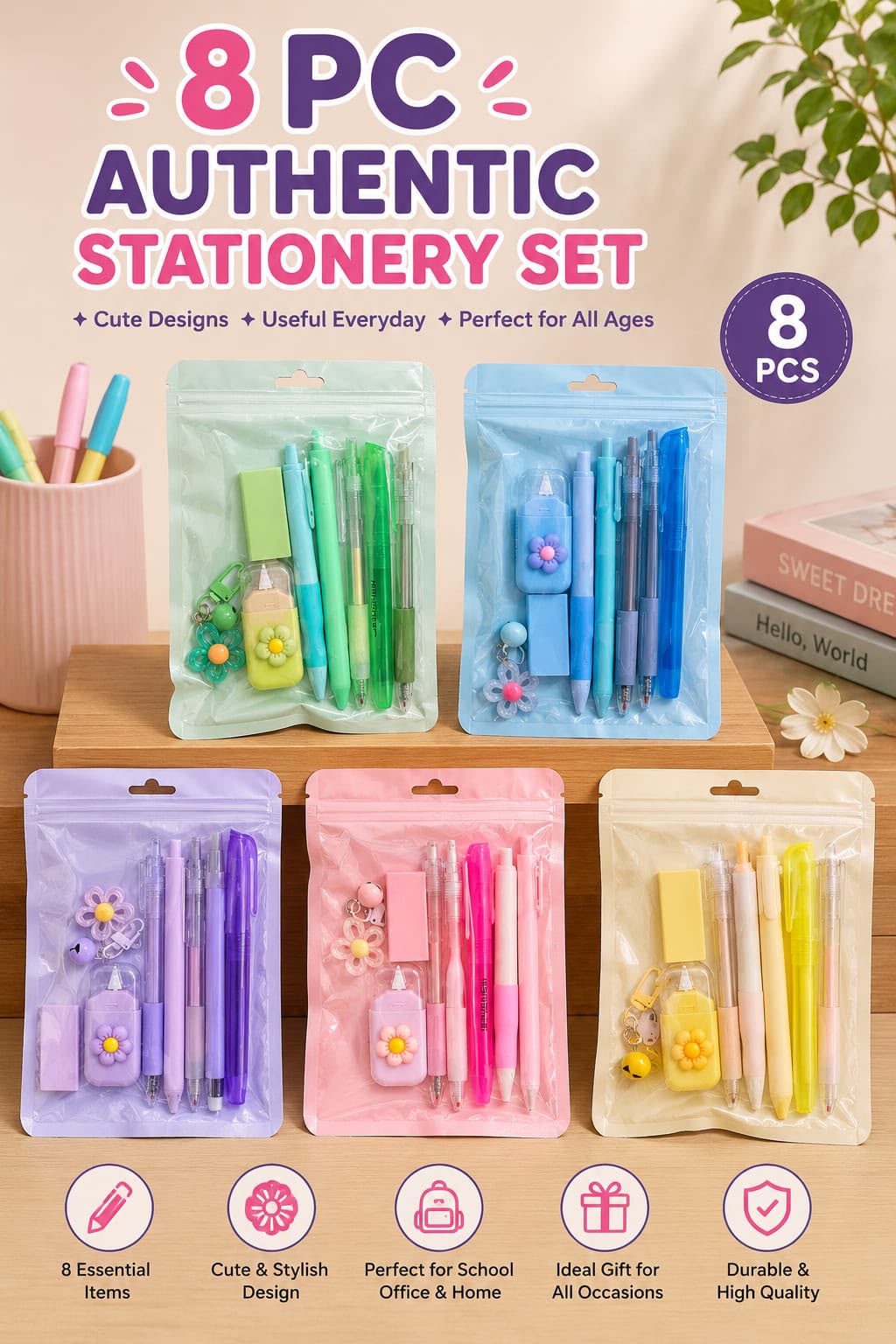 8 pcs Aesthetic Stationery Set - Pack of 3 (Net Price Rs.145)