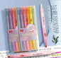 A set of six pastel highlighter pens in a clear plastic case, shown alongside two loose pens and printed paper on a light blue background with Chinese promotional text.
