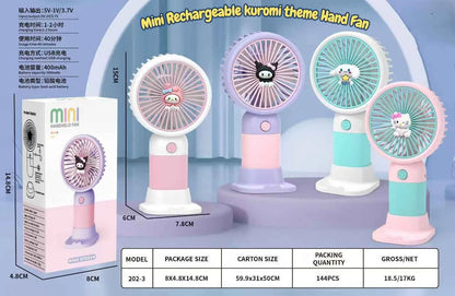 A product listing graphic for a mini rechargeable kuromi-themed hand fan, showing three pastel-colored fans (pink, purple, and mint green) with cartoon character faces, alongside their retail packaging and a dimension/specification table.